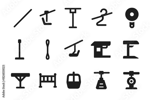 Lift Infrastructure Icons. Lift infrastructure. Solid icon set of Lift infrastructure: cable, chairlift, tower, pulley, support pole, rope, ski lift cable,
