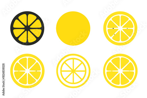 Lemon Logo Variations. Sliced Lemon. Icon set. Set Logo of sliced lemon: stylized pulp view. harmonious logo variations of the same emblematic concept, each