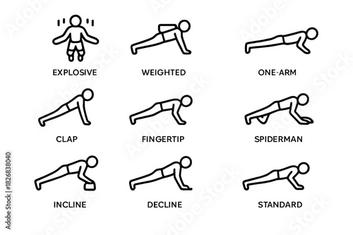 Push-Up Icon Set. Push-Up Challenges. Line icon set of Push-Up Challenges: explosive push-up, weighted push-up, one-arm push-up, clap push-up, fingertip