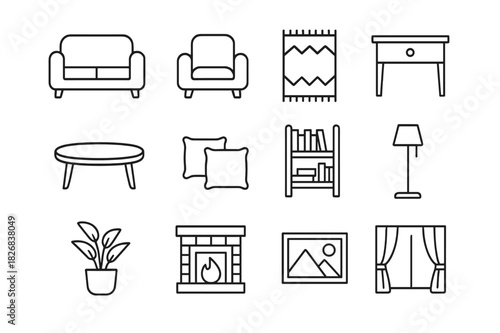 Interior Icon Set. Interior Comfort. Line icon set of Interior Comfort: sofa, armchair, rug, side table, coffee table, cushions, bookshelf, floor lamp, potted