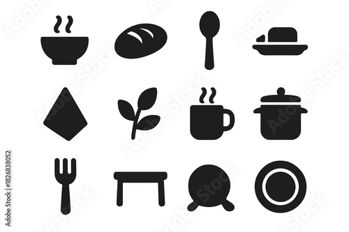 Comfort Meal Icons. Comfort Meal. Solid icon set of Comfort Meal: soup bowl, bread, spoon, steam, butter, napkin, herbs, mug, pot, fork, table, plate. Filled