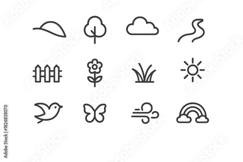Countryside Icon Set. Countryside Views. Line icon set of Countryside Views: hill, tree, cloud, river, fence, flower, grass, sun, bird, butterfly, wind,