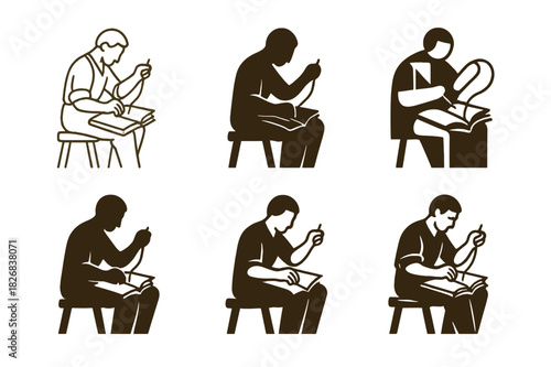 Historic Bookbinding Logos. Historic bookbinding process. Icon set. Set Logo of historic bookbinding process: embossed book cover. harmonious logo variations