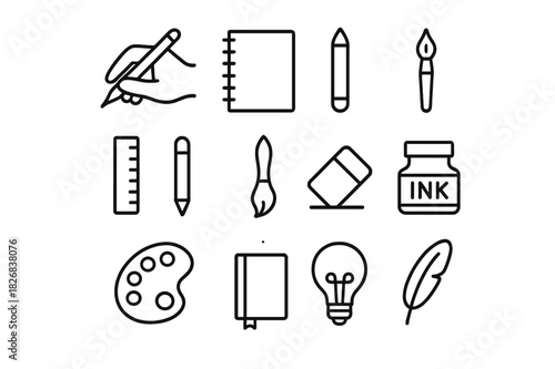 Art Tool Icon Set. Art Practice. Line icon set of Art Practice: hand drawing, sketchbook, pencil, pen, ruler, brush, eraser, ink bottle, palette, notebook,