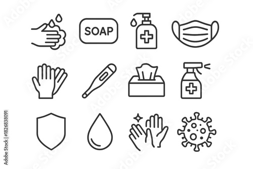 Health Hygiene Icons. Health and hygiene. Line icon set of health and hygiene: hand washing, soap, sanitizer, face mask, gloves, thermometer, tissue,