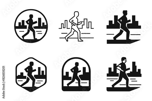 Jogger Emblem Variations. A person jogging along the waterfront in the city, enjoying the view of the skyline. Icon set. Set Logo of a person jogging along the