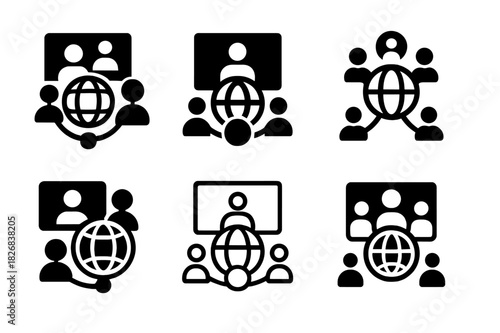 Virtual Meeting Logos. Virtual meetings with global team members. Icon set. Set Logo of virtual meeting: shared screen and team nodes. harmonious