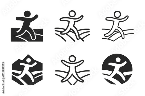 Joyful Run Icons. Happy Person Running Through a Field. Icon set. Set Logo of Happy Person Running Through a Field: figure with open landscape horizon.