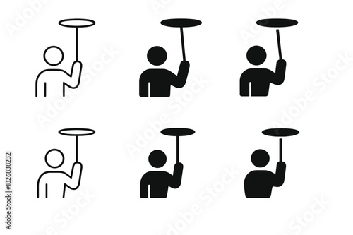Juggling Skill Emblems. Learning juggling or balance tricks. Icon set. Set Logo of learning juggling or balance tricks: balancing stick performer maintaining a