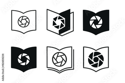 Magazine Logo Variations. Magazine photography. Icon set. Set Logo of magazine photography: open magazine with shutter symbol. harmonious logo variations of