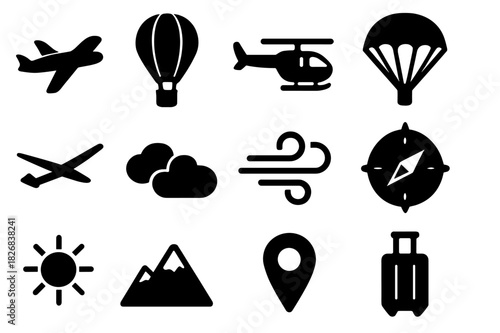 Air Travel Icons. Air travel. Solid icon set of air travel: airplane, hot air balloon, helicopter, parachute, glider, clouds, wind swirl, compass, sun,