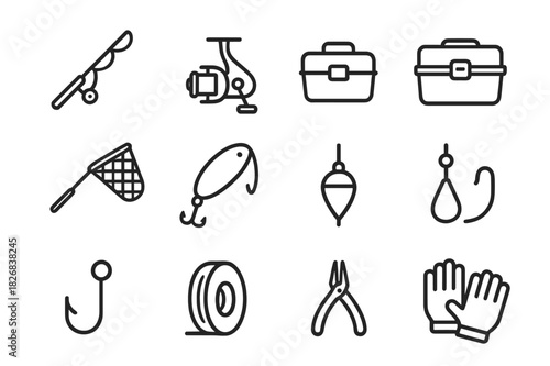 Fishing Gear Icons. Fishing gear. Line icon set of fishing gear: fishing rod, reel, bait box, tackle box, fishing net, lure, bobber, sinker, hook, line spool,