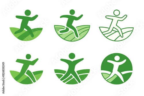 Joyful Run Icons. Happy Person Running Through a Field. Icon set. Set Logo of Happy Person Running Through a Field: figure with open landscape horizon.