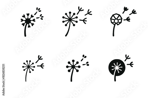 Dandelion Wish Logos. Wish. Icon set. Set Logo of wish: dandelion puff blowing. harmonious logo variations of the same emblematic concept, each with different
