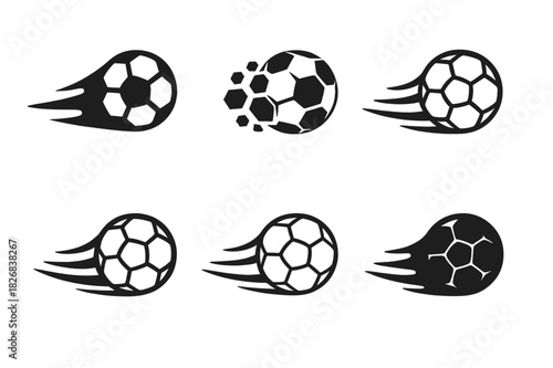 Dynamic Soccer Ball Logos. soccer ball in motion. Icon set. Set Logo of soccer ball in motion: kicked ball trajectory. harmonious logo variations of the same