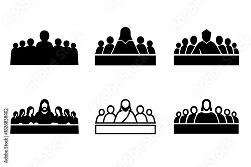 Last Supper Silhouettes. Last Supper. Icon set. Set Logo of Last Supper: silhouetted apostles around table. harmonious logo variations of the same emblematic
