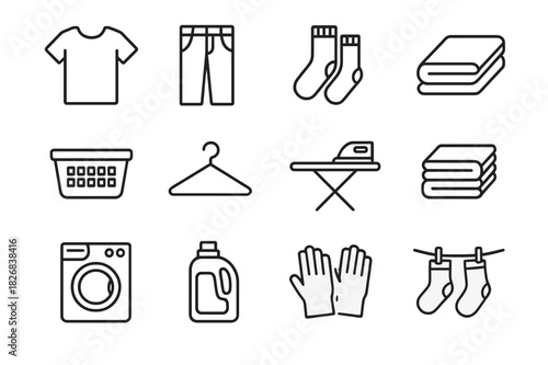 Laundry Icon Set. Folding Laundry. Line icon set of Folding Laundry: t-shirt, pants, socks, towel, laundry basket, hanger, ironing board, folded stack, washing