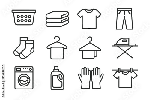Laundry Essentials Icons. Laundry Essentials. Line icon set of Laundry Essentials: laundry basket, folded stack, t-shirt, pants, socks, towel, hanger, ironing