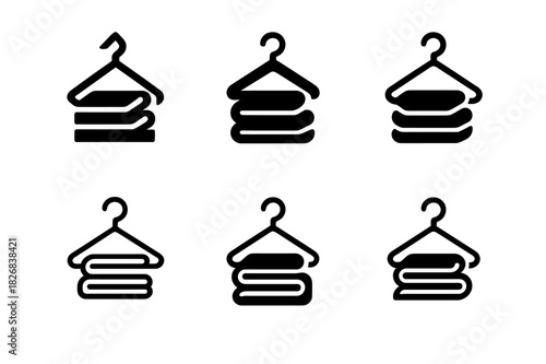 Laundry Logo Variations. Hanging up clothes immediately after laundry. Icon set. Set Logo of hanging up clothes immediately after laundry: freshly folded