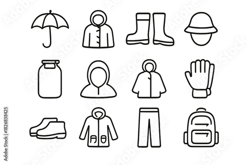 Rain Gear Icons. Rain Gear. Line icon set of Rain Gear: umbrella, raincoat, rain boots, waterproof hat, waterproof bag, hood, poncho, rain gloves, galoshes,