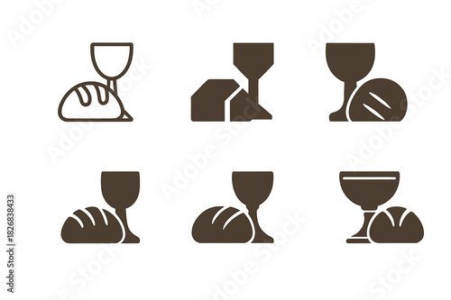 Last Supper Icon Set. Last Supper. Icon set. Set Logo of Last Supper: symbolic bread and wine. harmonious logo variations of the same emblematic concept, each