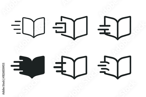Active Learning Logos. Active learning. Icon set. Set Logo of active learning: book with movement lines. harmonious logo variations of the same emblematic
