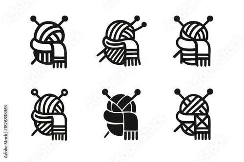 Knitting Emblems Grid. Knitting a scarf. Icon set. Set Logo of knitting a scarf: scarf draped over yarn basket with needles. harmonious logo variations of the
