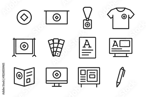 Event Branding Icons. Event branding. Line icon set of event branding: logo, banner, lanyard, badge, T-shirt, backdrop, color palette, typeface, design board,