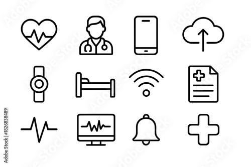 Remote Patient Monitoring Icons. Remote patient monitoring. Line icon set of remote patient monitoring: heart rate, doctor avatar, smartphone, cloud