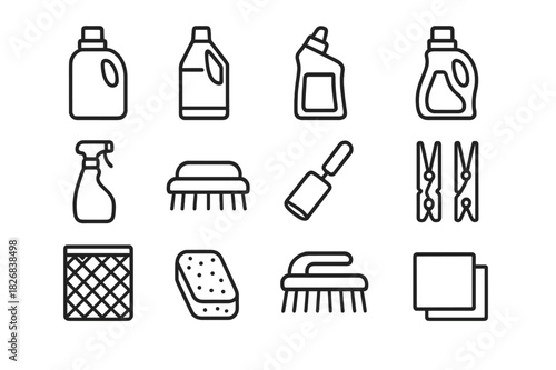 Laundry Tool Icons. Laundry cleaning tools. Line icon set of laundry cleaning tools: detergent bottle, bleach bottle, stain remover, fabric softener, ironing