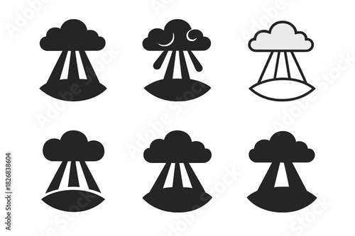 Light Beam Logos. Light Through Clouds. Icon set. Set Logo of Light Through Clouds: bright beam touching land. harmonious logo variations of the same