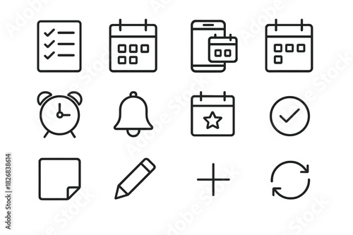 Calendar Planner Icons. Calendar Planner Icons. Line icon set of Calendar Planner Icons: schedule list, calendar app, smartphone, date selection, alarm clock,