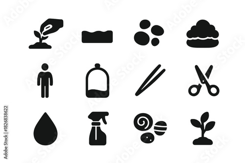 Assembly Icons Set. Assembly process. Solid icon set of Assembly process: hand placing plant, soil layer, pebbles, moss, miniature figurine, glass container,