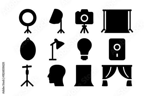 Lighting Icon Set. Lighting Setup. Solid icon set of Lighting Setup: ring light, softbox, camera, tripod, backdrop, reflector, lamp, bulb, power switch, stand,