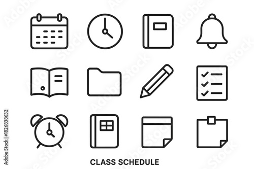 Class Schedule Icons. Class schedule. Line icon set of class schedule: calendar, clock, notebook, bell, subject icon, folder, pencil, checklist, alarm, day
