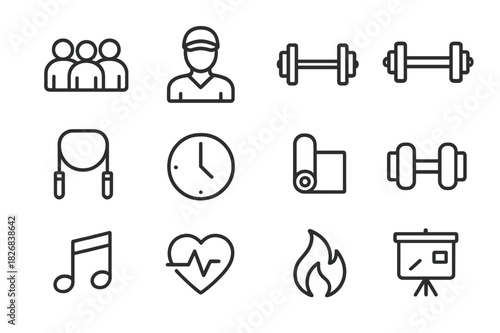 Group Workout Icons. Group workouts. Line icon set of group workouts: group of people, coach figure, whistle, barbell, jump rope, clock, mat, dumbbell, music