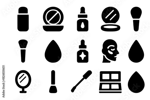 Highlighter Icon Collection. Highlighter products. Solid icon set of highlighter products: shimmer stick, powder highlighter, liquid highlighter, compact case,