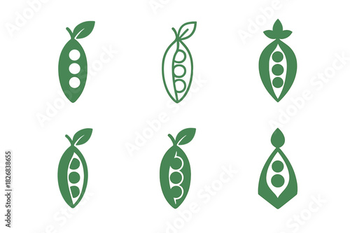 Pea Logo Variations. Pea. Icon set. Set Logo of Pea: Single pea pod. harmonious logo variations of the same emblematic concept (Minimal outline, Filled