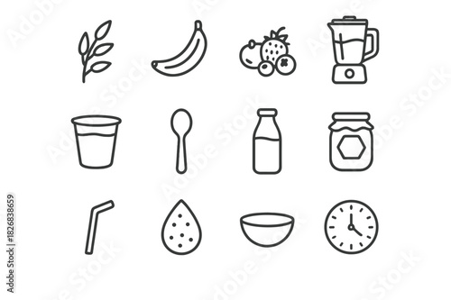 Breakfast Smoothie Icons. Breakfast smoothies. Line icon set of breakfast smoothies: oats, banana, berries, blender, yogurt cup, spoon, milk bottle, honey jar,