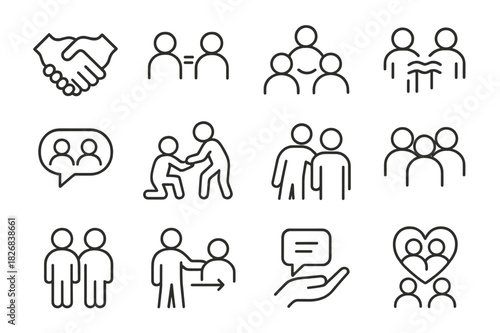 Peer Support Icons. Peer support. Line icon set of peer support: peer handshake, equal icon, circle of people, shared experience, feedback speech bubble,
