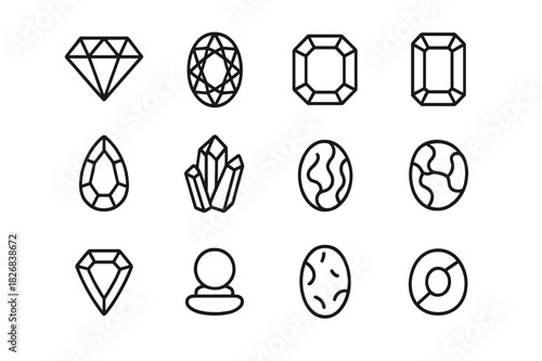 Line Art Gemstones. Gemstones. Line icon set of gemstones: diamond, sapphire, ruby, emerald, topaz, amethyst, opal, garnet, aquamarine, pearl, turquoise, jade.