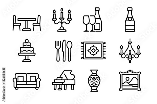 Luxury Dining Icons. Luxury Dining. Line icon set of Luxury Dining: dining table, candelabra, wine glasses, champagne bottle, cake, silverware set, ornate rug,
