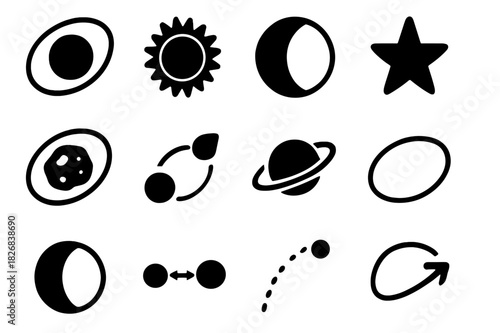 Planetary Orbit Icons. Planetary Orbits. Solid icon set of Planetary Orbits: orbit line, planet, sun, moon, star, asteroid, trajectory, ring, ellipse, shadow,