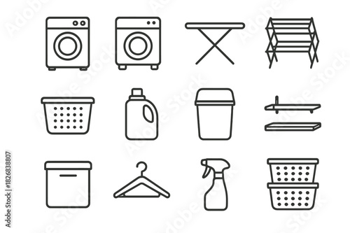 Compact Laundry Icon Set. Compact laundry appliances. Line icon set of compact laundry appliances: mini washing machine, tabletop dryer, handheld iron,