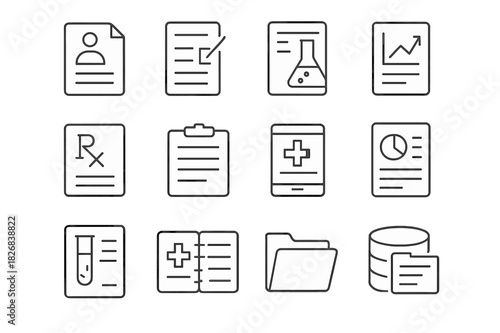 Medical Document Icons. Medical Documents. Line icon set of Medical Documents: patient file, consent form, research paper, chart, prescription, clipboard,