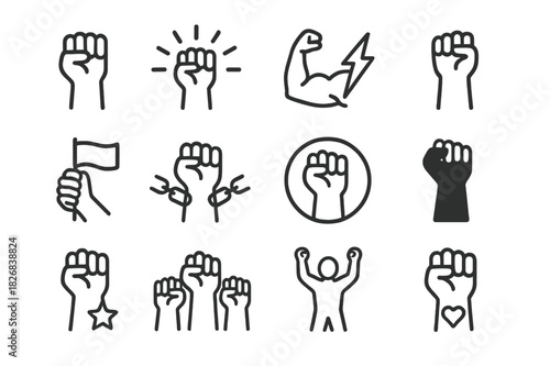 Triumphant Fist Icons. Fist Raised in Triumph. Line icon set of Fist Raised in Triumph: clenched fist up, hand with rays, arm flexed, fist with lightning bolt,