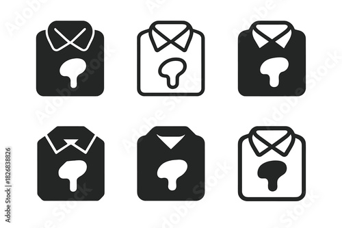 Stained Shirt Logos. Stained shirt. Icon set. Set Logo of stained shirt: drip mark on folded shirt. harmonious logo variations of the same emblematic concept,
