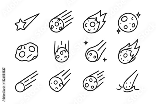 Meteor Icon Set. Meteor. Line icon set of meteor: shooting star, meteor trail, fireball, glowing meteor, space rock, atmospheric entry, night sky meteor,