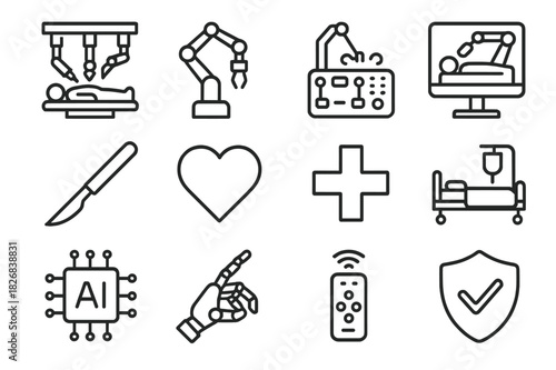 Medical Robotics Icons. Medical robotics. Line icon set of medical robotics: surgical robot, robotic arm, control panel, monitor, scalpel, heart, cross symbol,