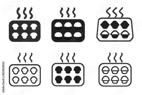 Muffin Tray Icons. Muffin tray. Icon set. Set Logo of muffin tray: baking tray with steam lines. harmonious logo variations of the same emblematic concept,